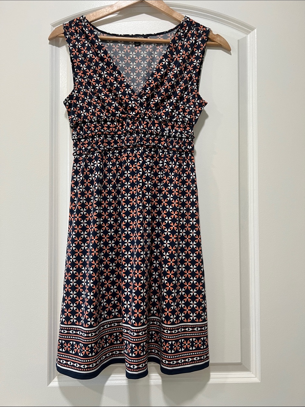 Max Edition Navy Dress with Coral and White Geo Print